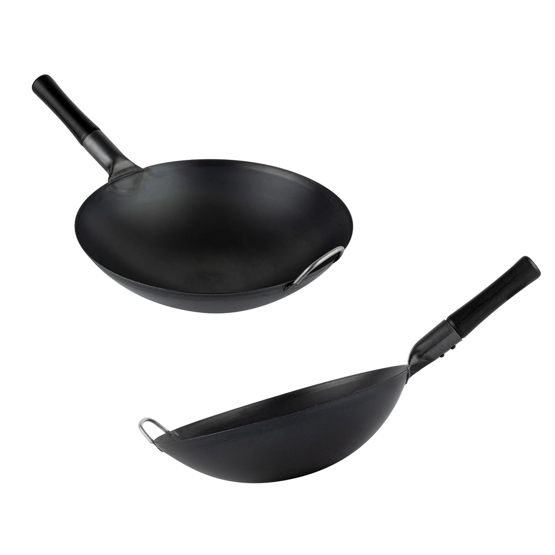 Restaurantware Motomori 14 Inch Pre-Seasoned Fry Pan, Carbon Steel, Black, Round Bottom, Wood Handle - Restaurant Equipment and Smallwares - Canadian Distribution - Ships Free Within Canada on Orders Above CAD $199