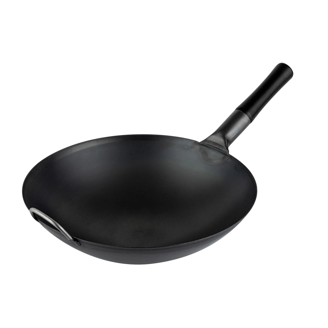 Restaurantware Motomori 14 Inch Pre-Seasoned Fry Pan, Carbon Steel, Black, Round Bottom, Wood Handle - Restaurant Equipment and Smallwares - Canadian Distribution