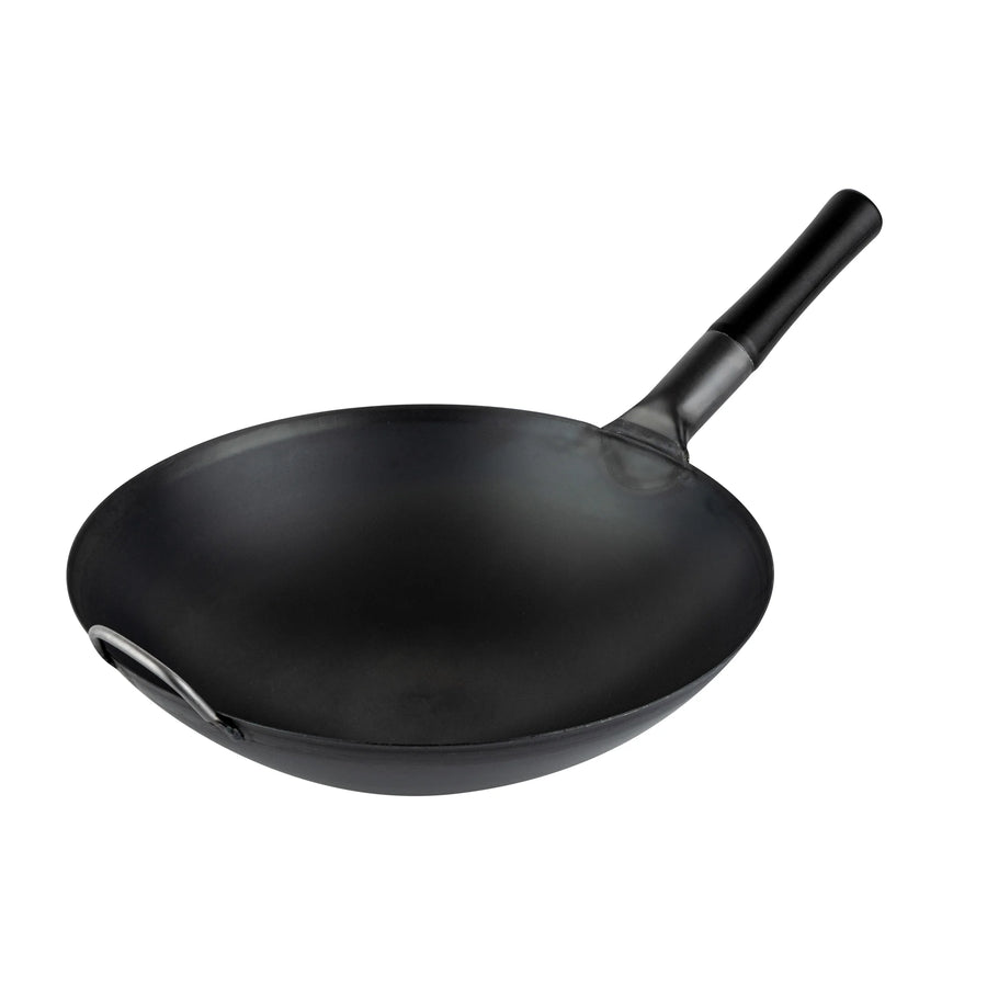 Restaurantware Motomori 14 Inch Pre-Seasoned Fry Pan, Carbon Steel, Black, Round Bottom, Wood Handle - Restaurant Equipment and Smallwares - Canadian Distribution