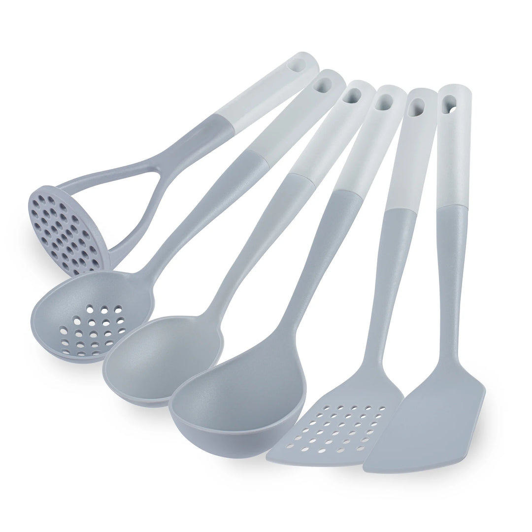 Restaurantware Met Lux 6-Piece Nylon High Heat Cooking Utensil Set, Gray, White Handle - Restaurant Equipment and Smallwares - Canadian Distribution - Ships Free Within Canada on Orders Above CAD $199