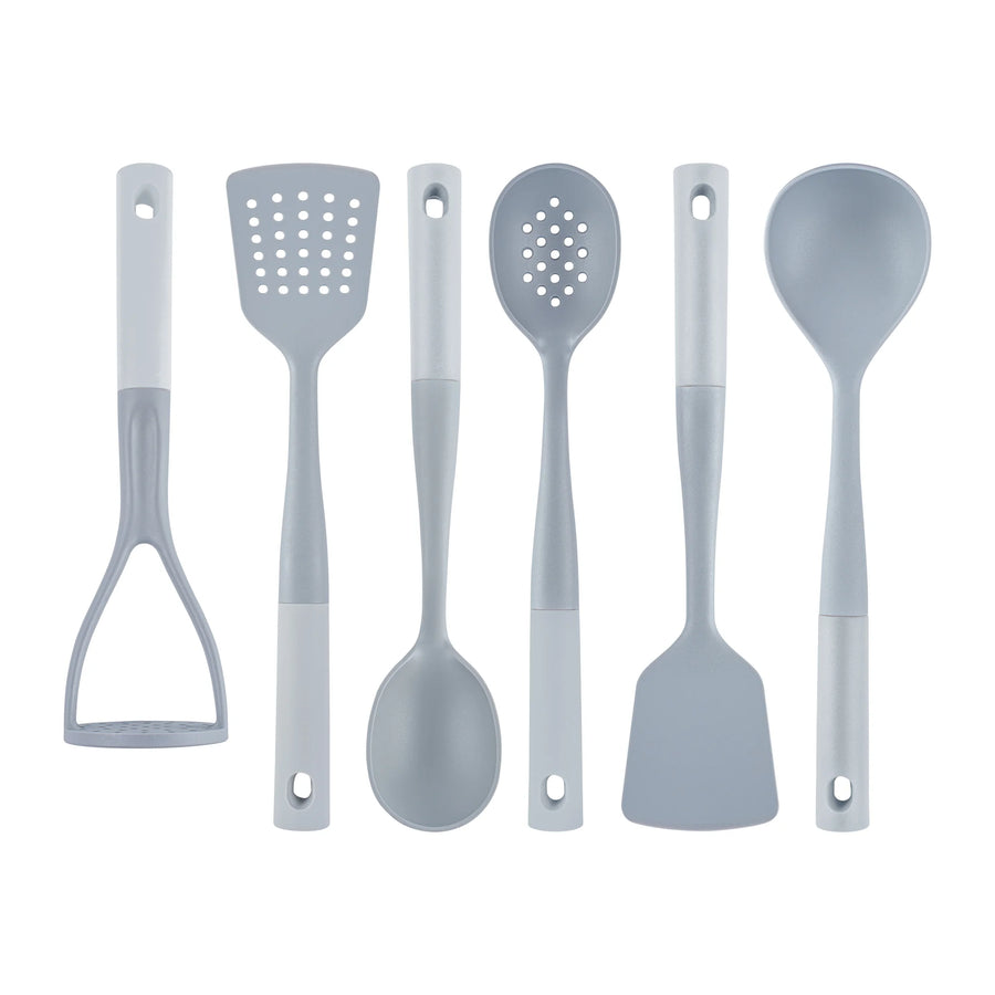 Restaurantware Met Lux 6-Piece Nylon High Heat Cooking Utensil Set, Gray, White Handle - Restaurant Equipment and Smallwares - Canadian Distribution