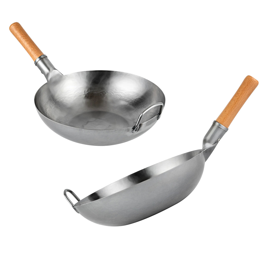 Restaurantware Motomori 13.50 Inch Fry Pan, Carbon Steel, Flat Bottom, Hammered Finish, Wood Handle - Restaurant Equipment and Smallwares - Canadian Distribution - Ships Free Within Canada on Orders Above CAD $199