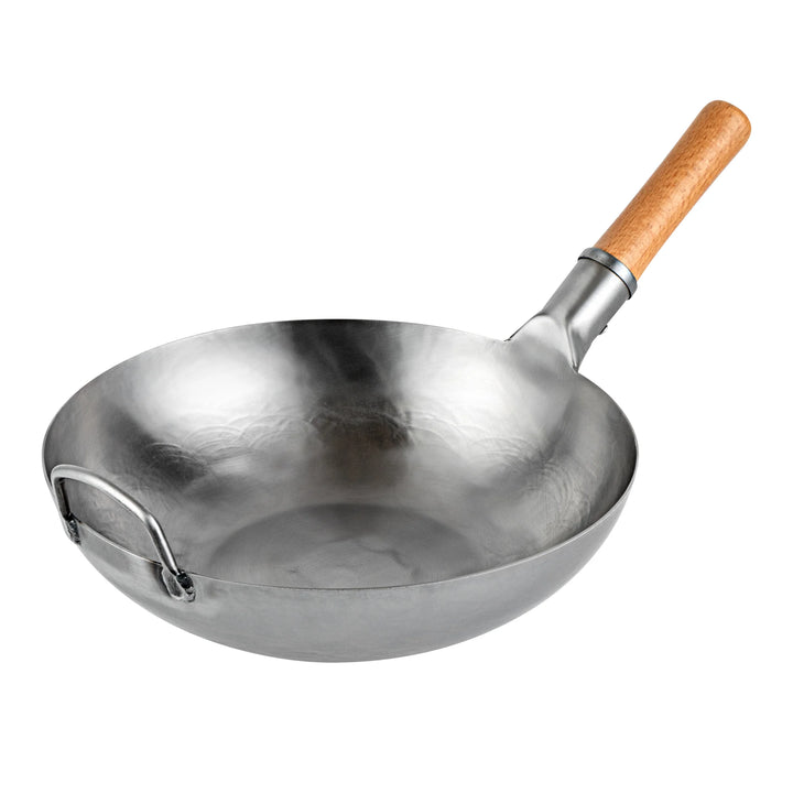 Restaurantware Motomori 13.50 Inch Fry Pan, Carbon Steel, Flat Bottom, Hammered Finish, Wood Handle - Restaurant Equipment and Smallwares - Canadian Distribution