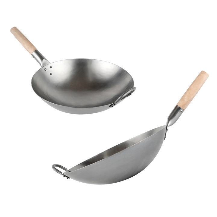 Restaurantware Motomori 14 Inch Fry Pan, Carbon Steel, Round Bottom, Hammered Finish, Wood Handle - Restaurant Equipment and Smallwares - Canadian Distribution - Ships Free Within Canada on Orders Above CAD $199