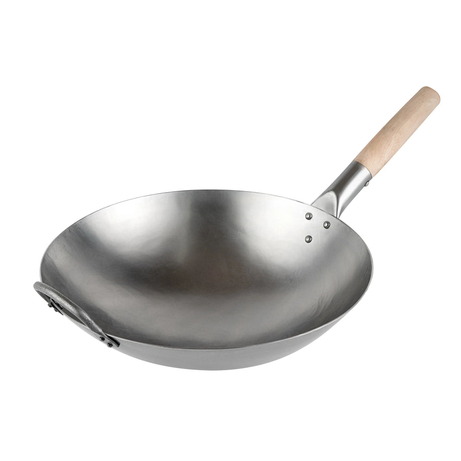 Restaurantware Motomori 14 Inch Fry Pan, Carbon Steel, Round Bottom, Hammered Finish, Wood Handle - Restaurant Equipment and Smallwares - Canadian Distribution