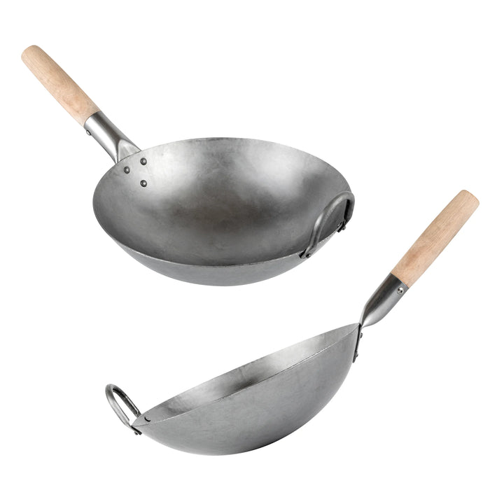 Restaurantware Motomori 12 Inch Fry Pan, Carbon Steel, Round Bottom, Hammered Finish, Wood Handle - Restaurant Equipment and Smallwares - Canadian Distribution - Ships Free Within Canada on Orders Above CAD $199