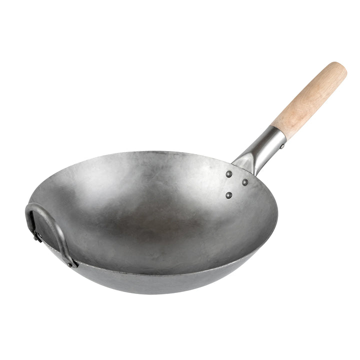 Restaurantware Motomori 12 Inch Fry Pan, Carbon Steel, Round Bottom, Hammered Finish, Wood Handle - Restaurant Equipment and Smallwares - Canadian Distribution