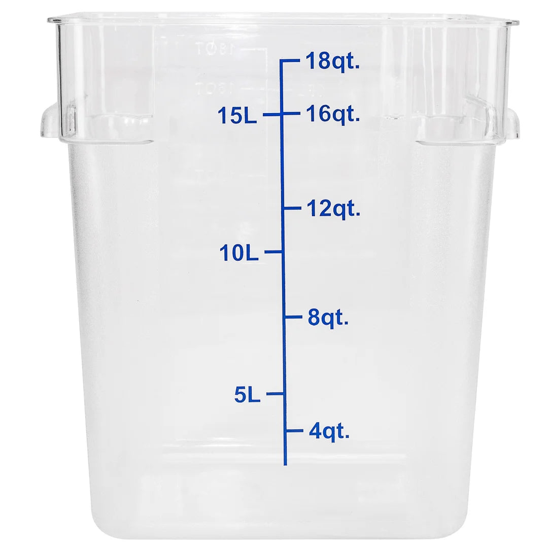 Restaurantware Met Lux 18qt Clear Plastic Food Storage Container, Square, with Blue Volume Markers, 11 x 11 x 12.50In - Restaurant Equipment and Smallwares - Canadian Distribution