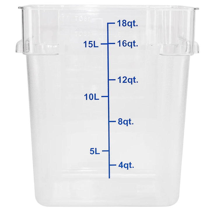 Restaurantware Met Lux 18qt Clear Plastic Food Storage Container, Square, with Blue Volume Markers, 11 x 11 x 12.50In - Restaurant Equipment and Smallwares - Canadian Distribution