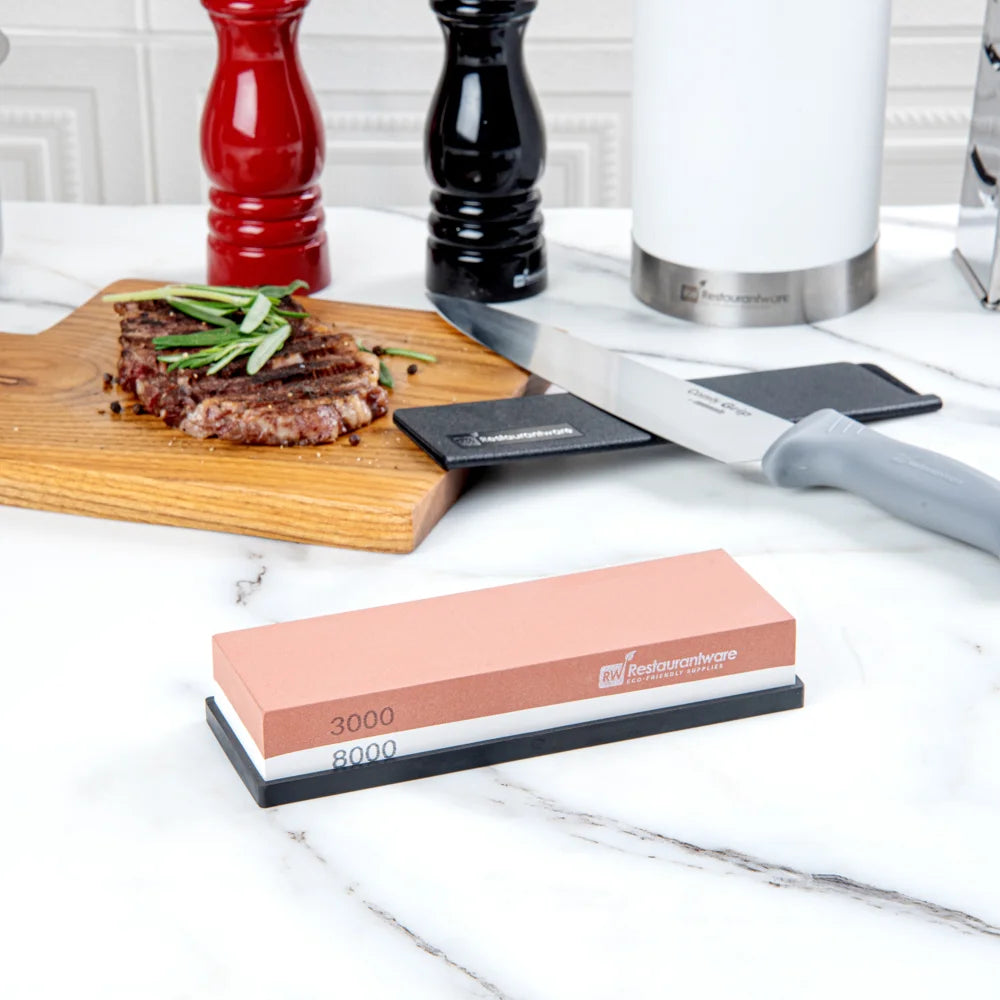 Restaurantware 2-Sided Sensei Whetstone Knife Sharpener Set, 3000 & 8000 Grit, With Silicone Holder - Restaurant Equipment and Smallwares - Canadian Distribution - Ships Free Within Canada on Orders Above CAD $199