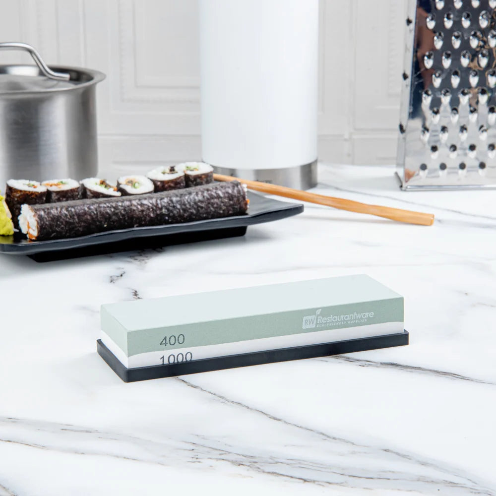 Restaurantware 2-Sided Sensei Whetstone Knife Sharpener Set, 400 & 1000 Grit, With Silicone Holder - Restaurant Equipment and Smallwares - Canadian Distribution - Ships Free Within Canada on Orders Above CAD $199
