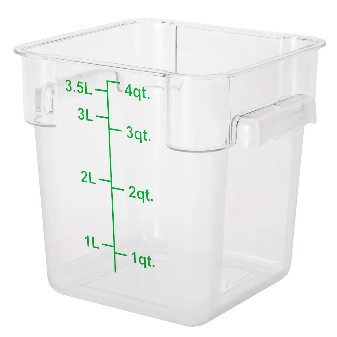 Restaurantware Met Lux 4qt Clear Plastic Food Storage Container, Square, with Green Volume Markers, 7 x 7 x 7.25In - Restaurant Equipment and Smallwares - Canadian Distribution