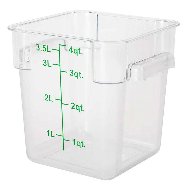 Restaurantware Met Lux 4qt Clear Plastic Food Storage Container, Square, with Green Volume Markers, 7 x 7 x 7.25In - Restaurant Equipment and Smallwares - Canadian Distribution