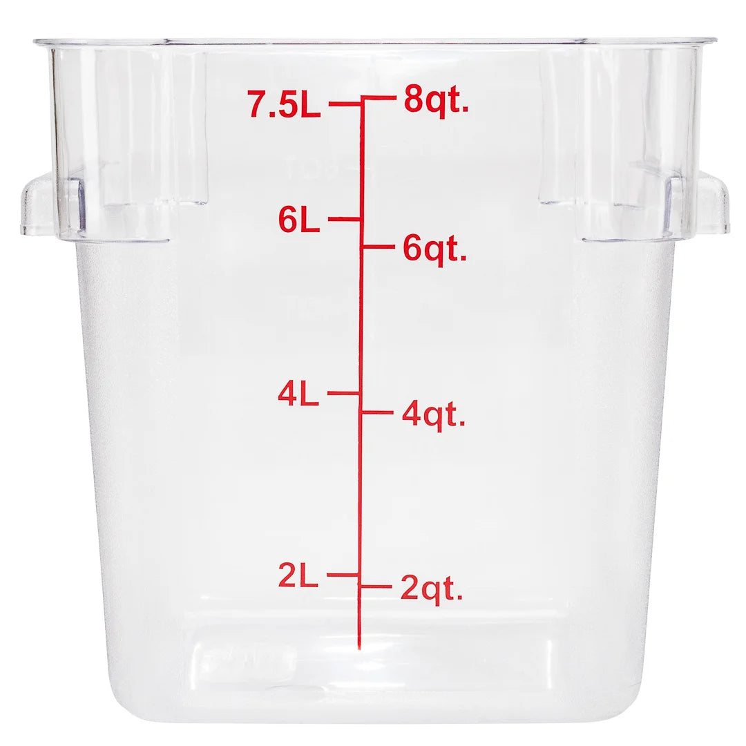 Restaurantware Met Lux 8qt Clear Plastic Food Storage Container, Square, with Red Volume Markers, 8.75 x 8.75 x 8.50In - Restaurant Equipment and Smallwares - Canadian Distribution