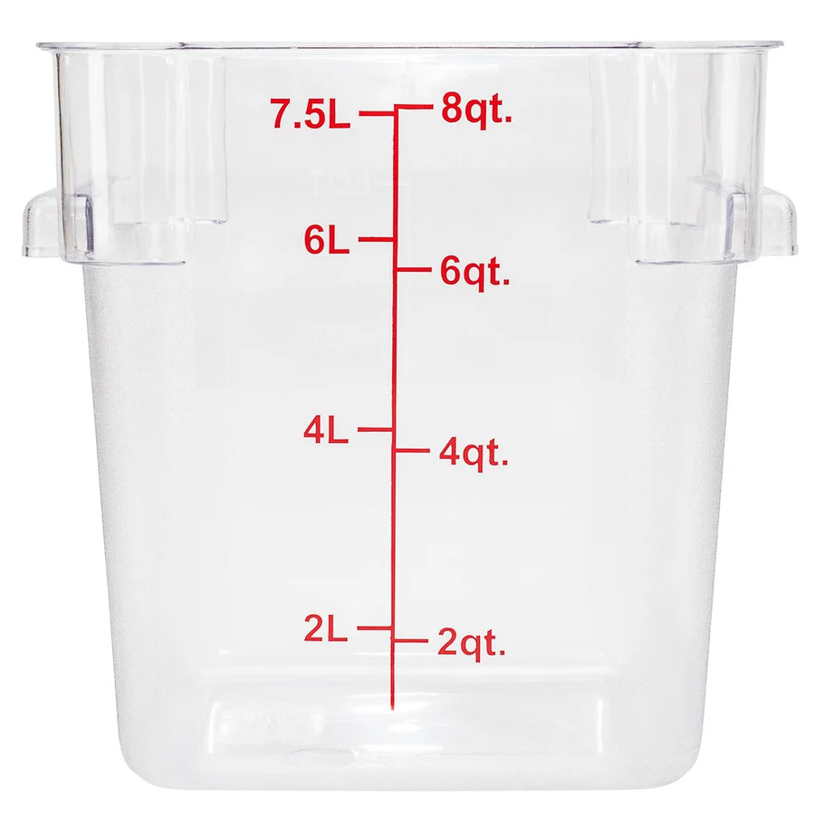 Restaurantware Met Lux 8qt Clear Plastic Food Storage Container, Square, with Red Volume Markers, 8.75 x 8.75 x 8.50In - Restaurant Equipment and Smallwares - Canadian Distribution
