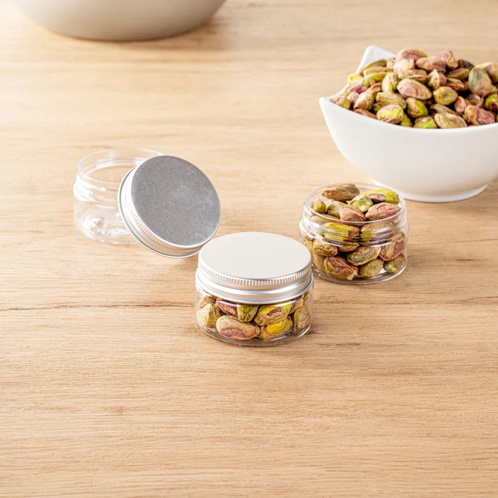 Restaurantware RW Base 1oz Clear Plastic Candy & Snack Jars, with Silver Aluminum Lid, 2 x 2 x 1.25In - Restaurant Equipment and Smallwares - Canadian Distribution - Ships Free Within Canada on Orders Above CAD $199