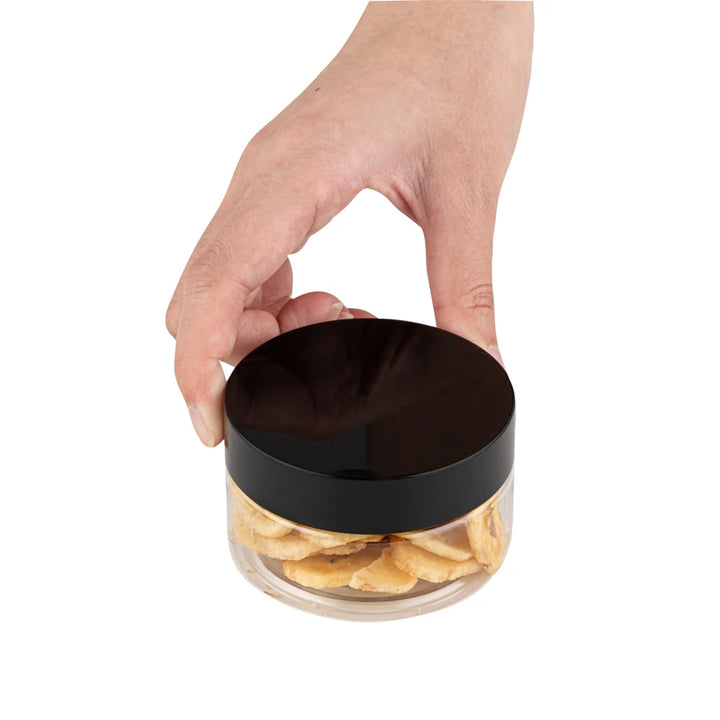Restaurantware RW Base 4oz Clear Plastic Candy & Snack Jars, with Black Plastic Lid, 2.75 x 2.75 x 1.5In - Restaurant Equipment and Smallwares - Canadian Distribution - Ships Free Within Canada on Orders Above CAD $199