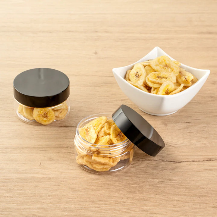 Restaurantware RW Base 4oz Clear Plastic Candy & Snack Jars, with Black Plastic Lid, 2.75 x 2.75 x 1.5In - Restaurant Equipment and Smallwares - Canadian Distribution - Ships Free Within Canada on Orders Above CAD $199