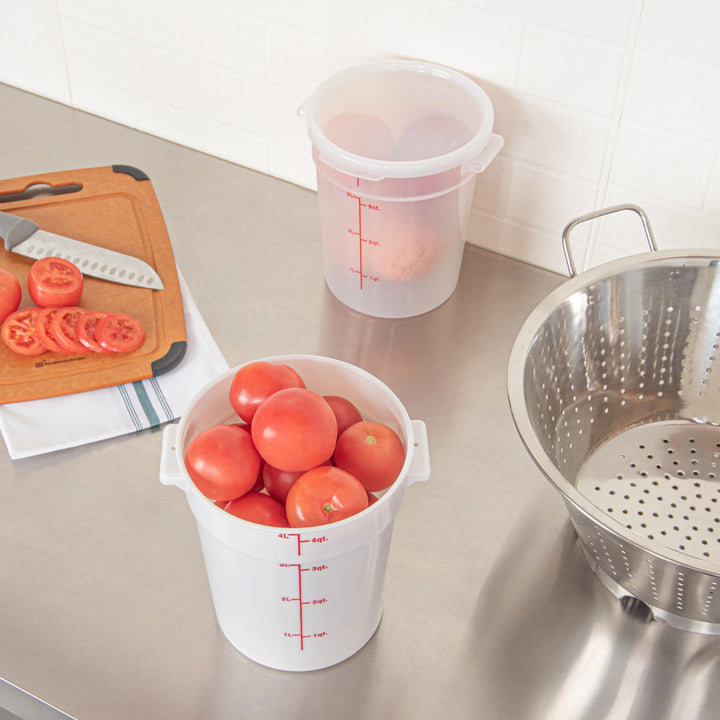 Restaurantware Met Lux 4 Quart Round Food Storage Containers, White, 7.25 x 7.25 x 8.50 Inch, with Red Volume Markers - Restaurant Equipment and Smallwares - Canadian Distribution - Ships Free Within Canada on Orders Above CAD $199