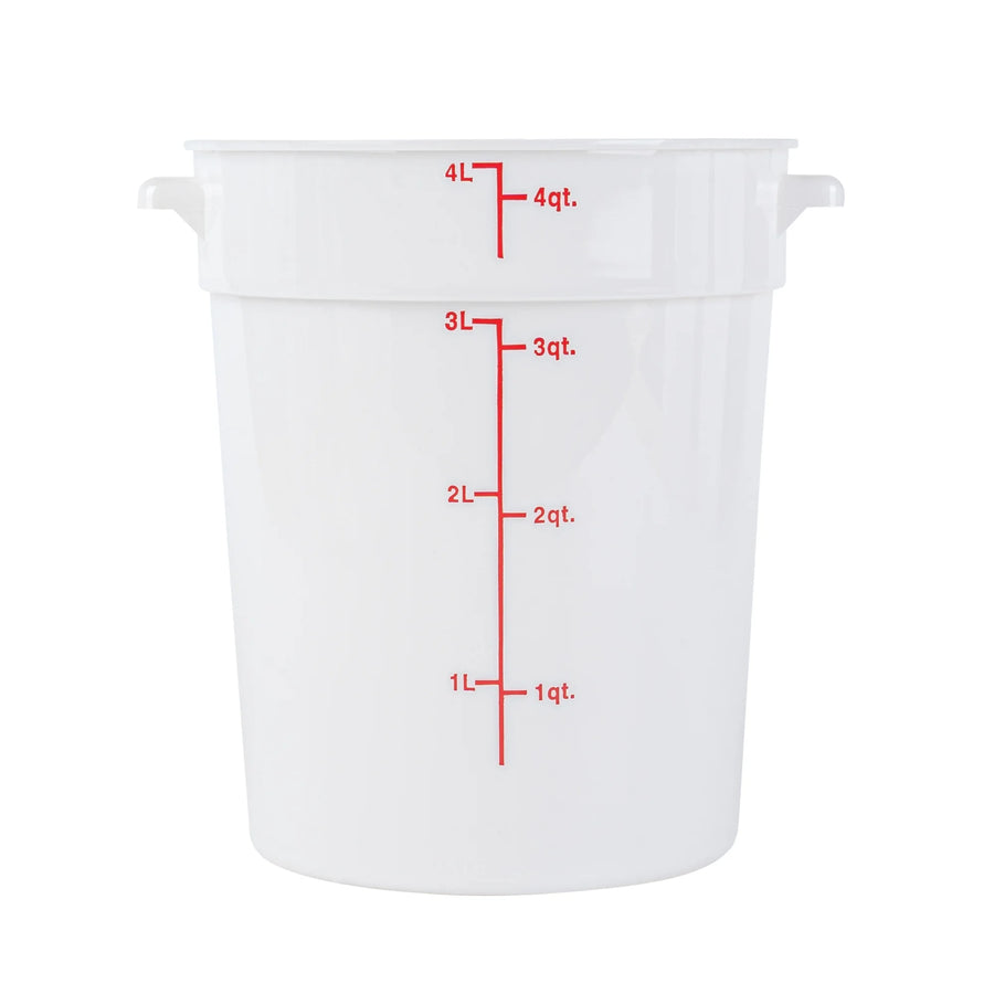 Restaurantware Met Lux 4 Quart Round Food Storage Containers, White, 7.25 x 7.25 x 8.50 Inch, with Red Volume Markers - Restaurant Equipment and Smallwares - Canadian Distribution