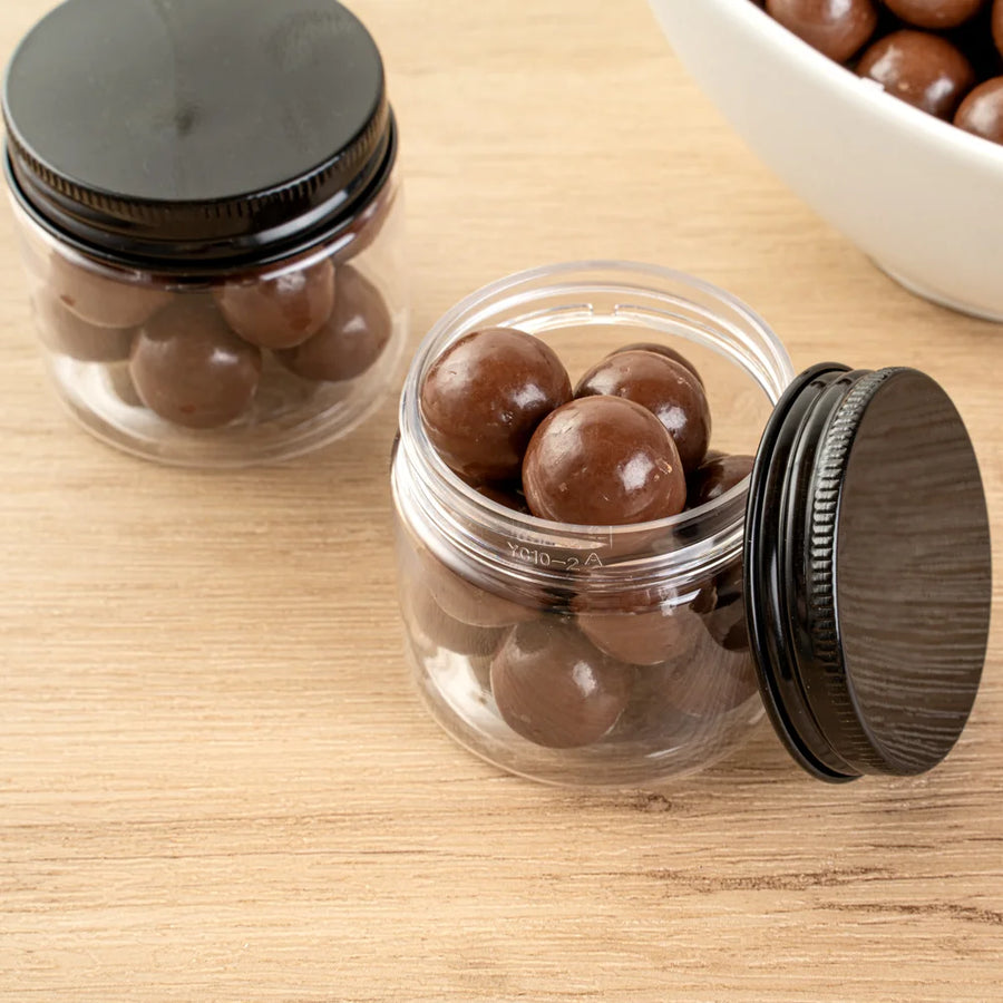 Restaurantware RW Base 2oz Clear Plastic Candy & Snack Jars, with Black Aluminum Lid, 2 x 2 x 1.75In - Restaurant Equipment and Smallwares - Canadian Distribution
