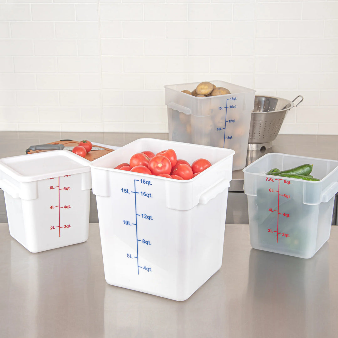 Restaurantware Met Lux 18 Quart Square Food Storage Containers, White, 11 x 11 x 12.50 Inch, with Blue Volume Markers - Restaurant Equipment and Smallwares - Canadian Distribution