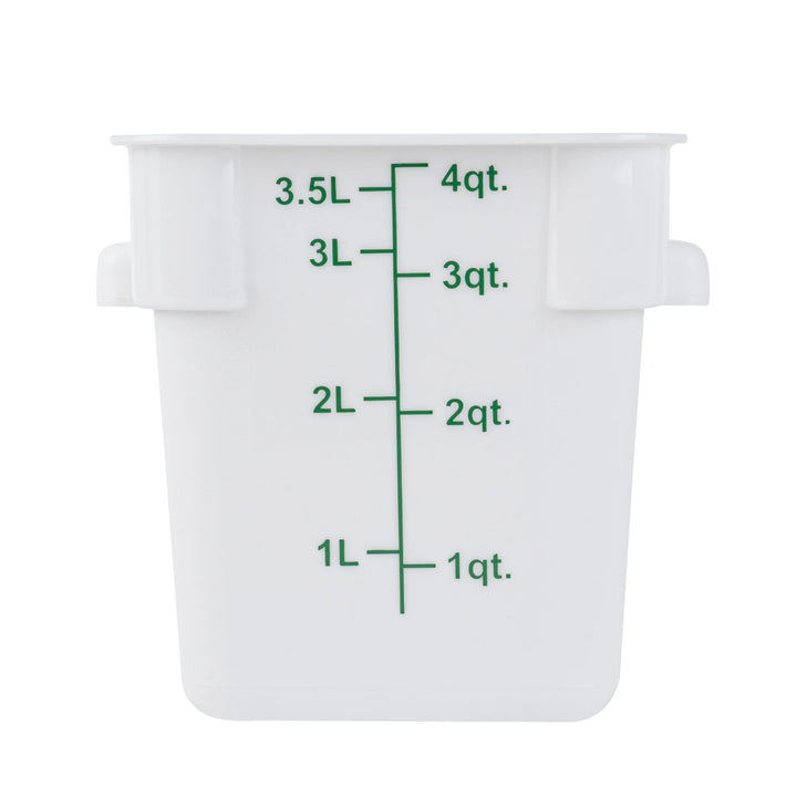 Restaurantware Met Lux 4 Quart Square Food Storage Containers, White, 7 x 7 x 7.50 Inch, with Green Volume Markers - Restaurant Equipment and Smallwares - Canadian Distribution