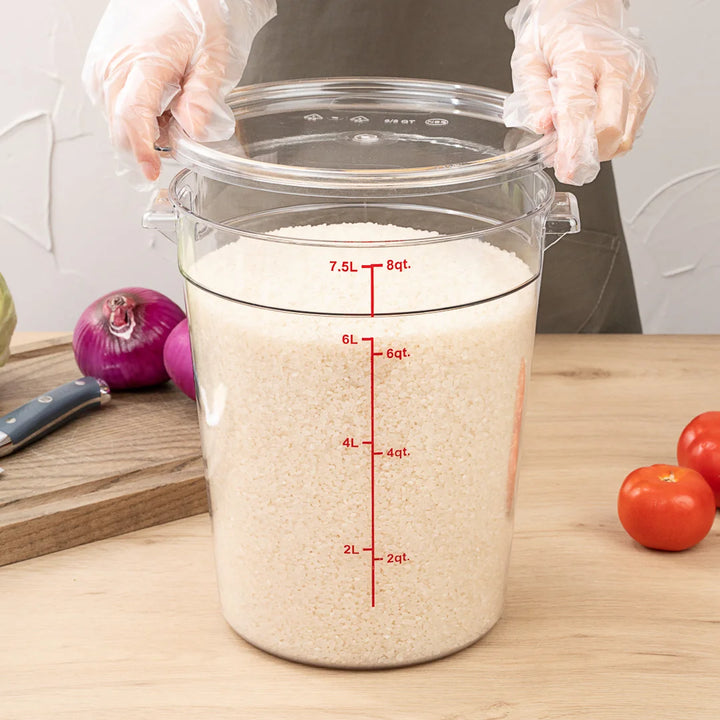 Restaurantware Met Lux 8Qt Clear Plastic Round Food Storage Containers, With Red Volume Marker, 8.75 X 8.75 X 10.50In - Restaurant Equipment and Smallwares - Canadian Distribution - Ships Free Within Canada on Orders Above CAD $199