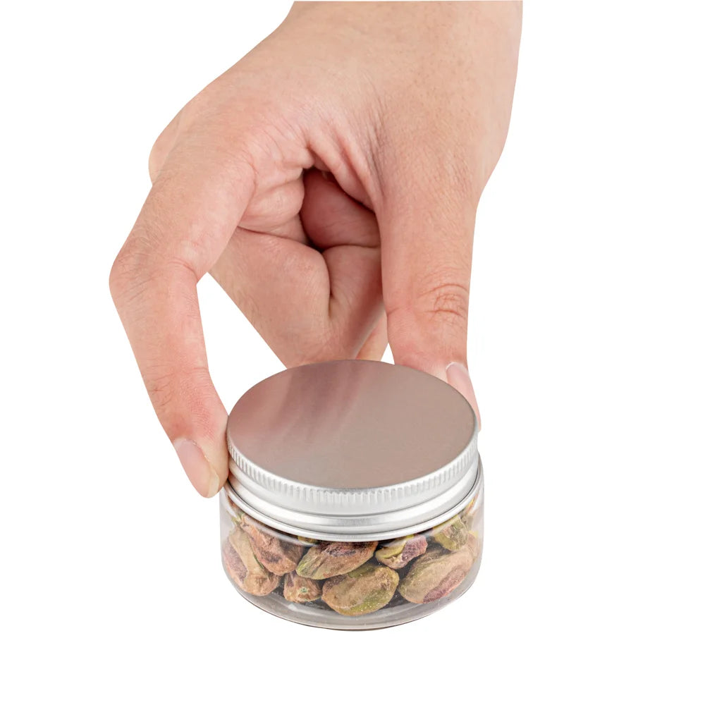 Restaurantware RW Base 1oz Clear Plastic Candy & Snack Jars, with Silver Aluminum Lid, 2 x 2 x 1.25In - Restaurant Equipment and Smallwares - Canadian Distribution - Ships Free Within Canada on Orders Above CAD $199