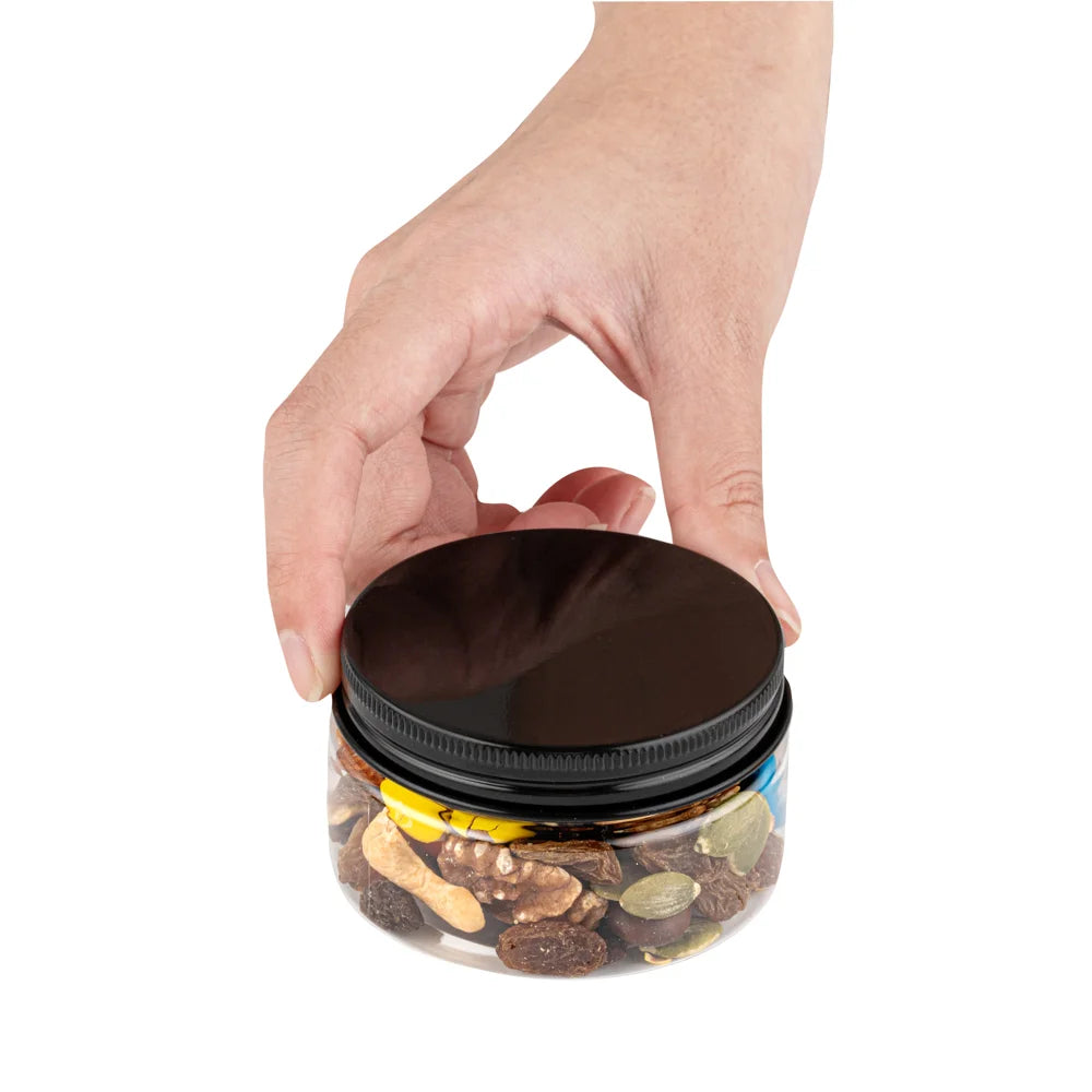 Restaurantware RW Base 4oz Clear Plastic Candy & Snack Jars, with Black Aluminum Lid, 2.75 x 2.75 x 1.5In - Restaurant Equipment and Smallwares - Canadian Distribution - Ships Free Within Canada on Orders Above CAD $199