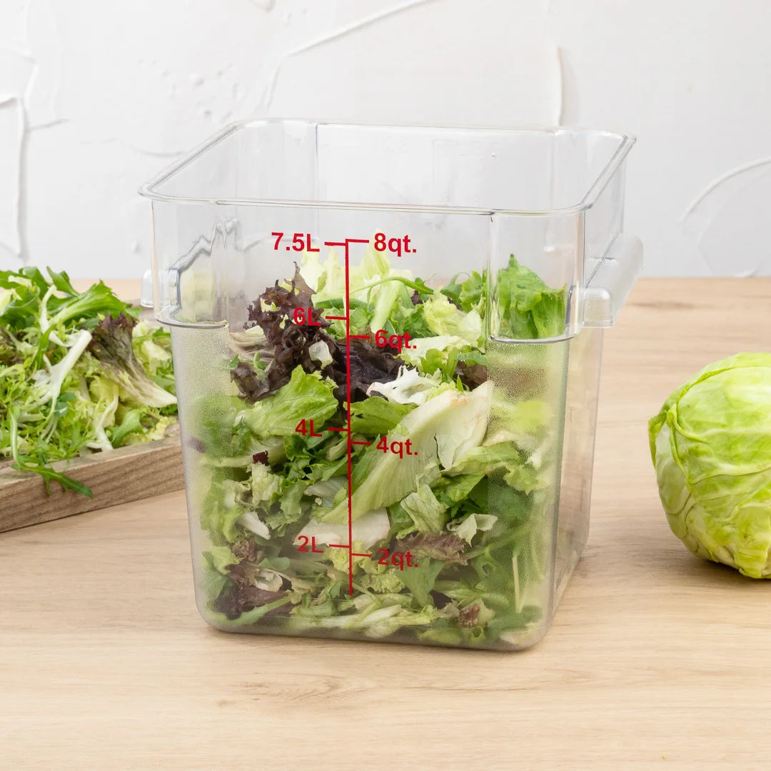 Restaurantware Met Lux 8Qt Clear Plastic Square Food Storage Containers, With Red Volume Marker, 8.75 X 8.75 X 8.50In - Restaurant Equipment and Smallwares - Canadian Distribution - Ships Free Within Canada on Orders Above CAD $199