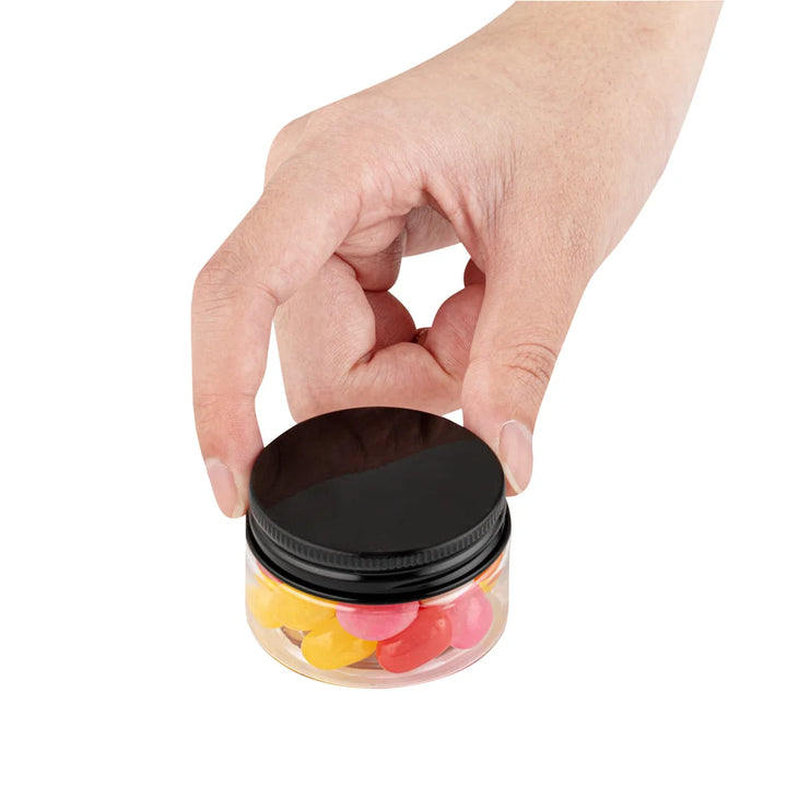 Restaurantware RW Base 1oz Clear Plastic Candy & Snack Jars, with Black Aluminum Lid, 2 x 2 x 1.25In - Restaurant Equipment and Smallwares - Canadian Distribution - Ships Free Within Canada on Orders Above CAD $199
