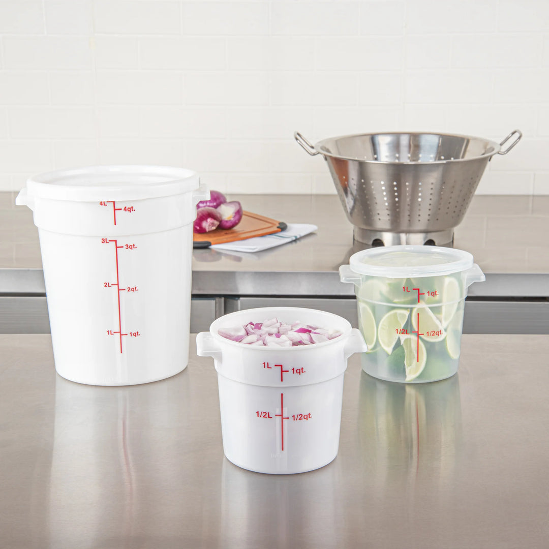 Restaurantware Met Lux 1 Quart Round Food Storage Containers, White, 5 x 5 x 5 Inch, with Red Volume Markers - Restaurant Equipment and Smallwares - Canadian Distribution