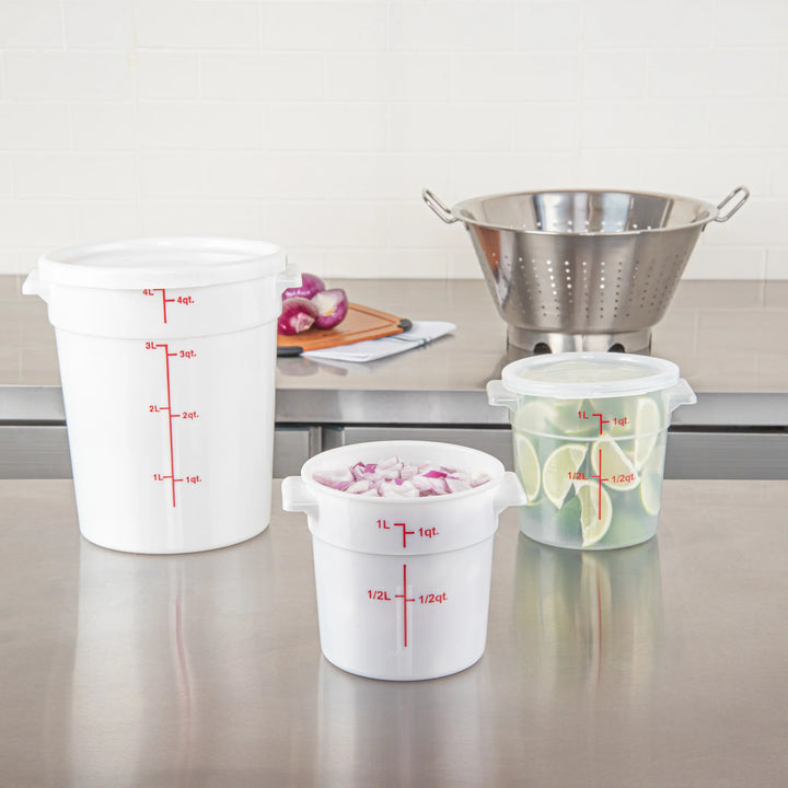 Restaurantware Met Lux 1 Quart Round Food Storage Containers, White, 5 x 5 x 5 Inch, with Red Volume Markers - Restaurant Equipment and Smallwares - Canadian Distribution