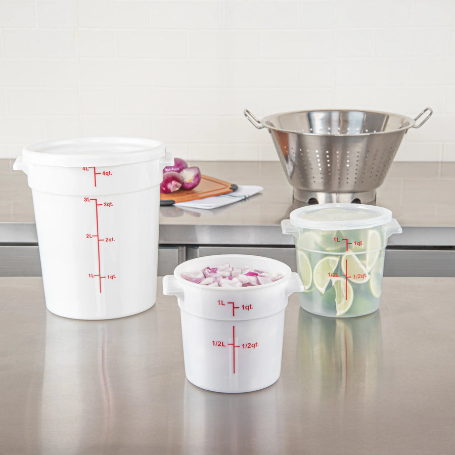 Restaurantware Met Lux 1 Quart Round Food Storage Containers, White, 5 x 5 x 5 Inch, with Red Volume Markers - Restaurant Equipment and Smallwares - Canadian Distribution
