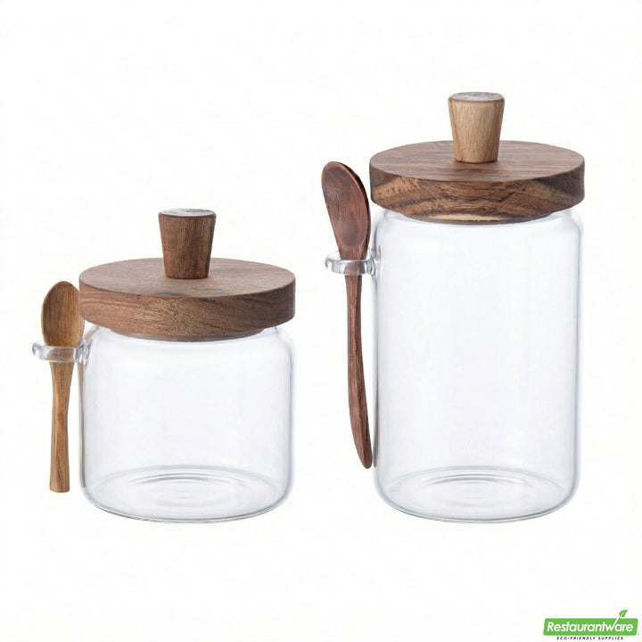 Restaurantware 8X8X7.5In Glass Vetri Storage Jar Set, With Acacia Lid & Spoon - Restaurant Equipment and Smallwares - Canadian Distribution