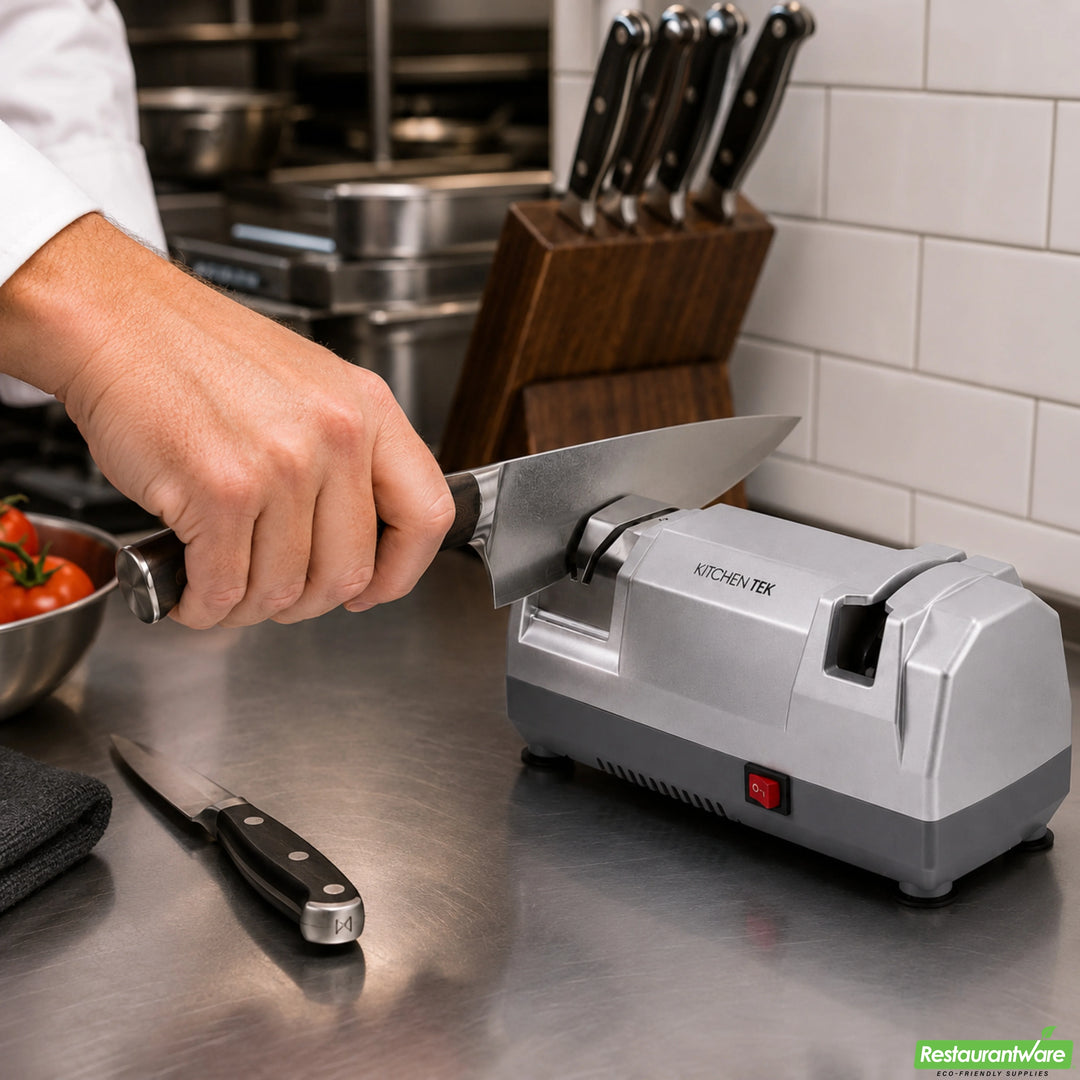 Restaurantware Kitchen Tek 2-Stage Electric Sharpener, Diamond-Coated Grinding Wheel, for Straight Edge Knives - Restaurant Equipment and Smallwares - Canadian Distribution - Ships Free Within Canada on Orders Above CAD $199