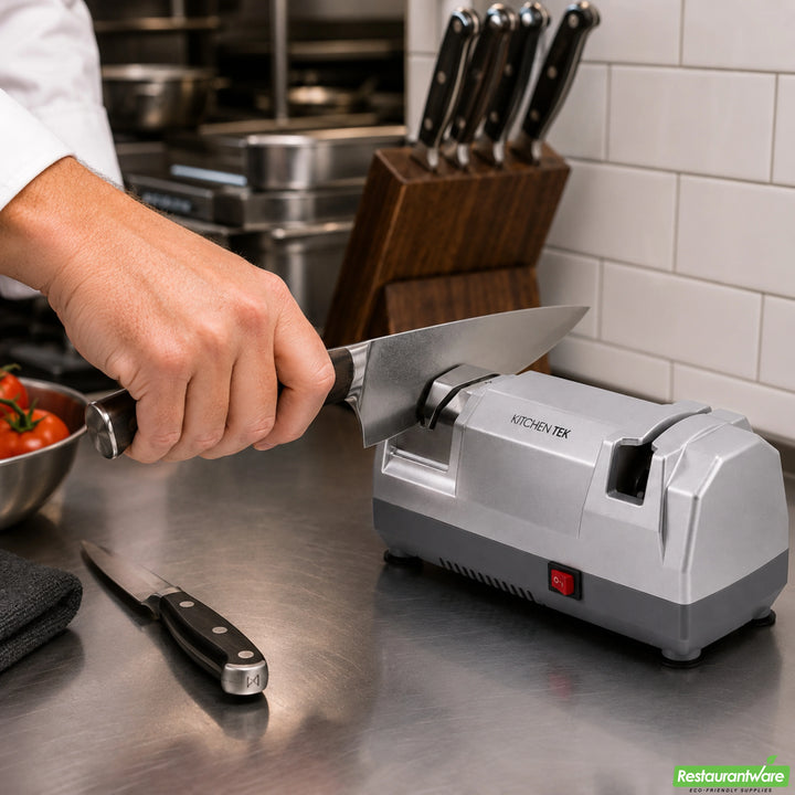 Restaurantware Kitchen Tek 2-Stage Electric Sharpener, Diamond-Coated Grinding Wheel, for Straight Edge Knives - Restaurant Equipment and Smallwares - Canadian Distribution - Ships Free Within Canada on Orders Above CAD $199