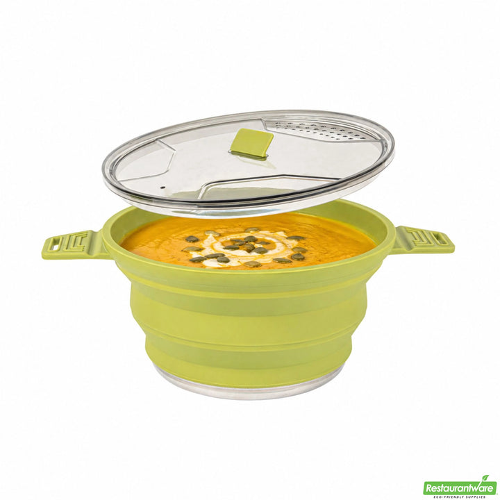 Restaurantware Hi Tek 2.50 Liter Collapsible Pots, Green, Silicone, 12.50 x 8.75 x 4.75 Inch, includes Lid - Restaurant Equipment and Smallwares - Canadian Distribution - Ships Free Within Canada on Orders Above CAD $199