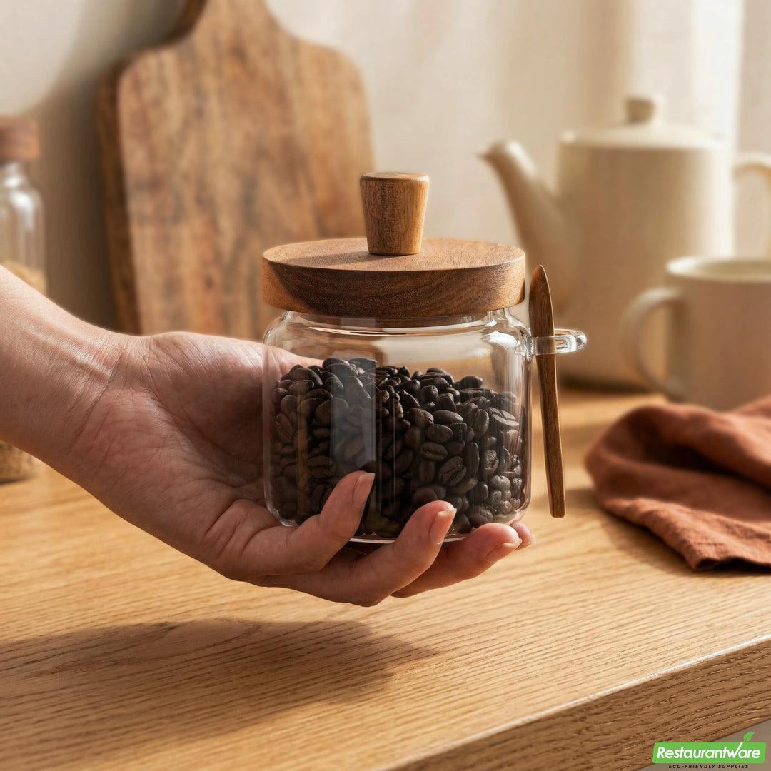 Restaurantware 17oz Glass Vetri Storage Jar, 3.25X3.25X5In, With Acacia Lid & Spoon - 1 Unit/Case - Restaurant Equipment and Smallwares - Canadian Distribution - Ships Free Within Canada on Orders Above CAD $199