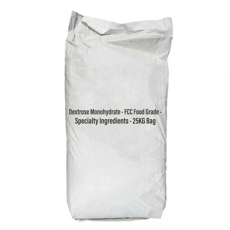 White bag labeled 'Dextrose Monohydrate - FCC Food Grade - Specialty Ingredients - 25KG Bag' on a white background