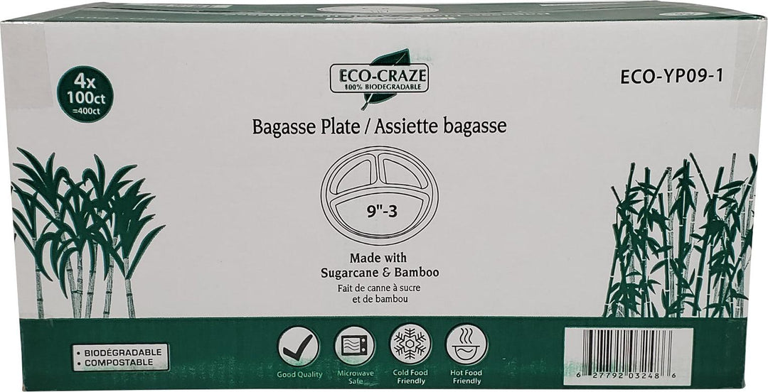 Eco-Craze - 9" 3 Compartment Round Plate- Biodegradable