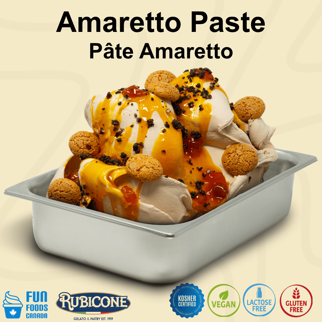 Ice cream dish with amaretto paste and cookies on a beige background, featuring Rubicone and Fun Foods Canada branding with certification badges: Kosher certified, Vegan, Lactose-free, Gluten-free.