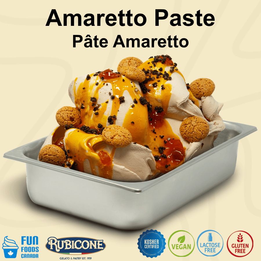 Ice cream dish with amaretto paste and cookies on a beige background, featuring Rubicone and Fun Foods Canada branding with certification badges: Kosher certified, Vegan, Lactose-free, Gluten-free.