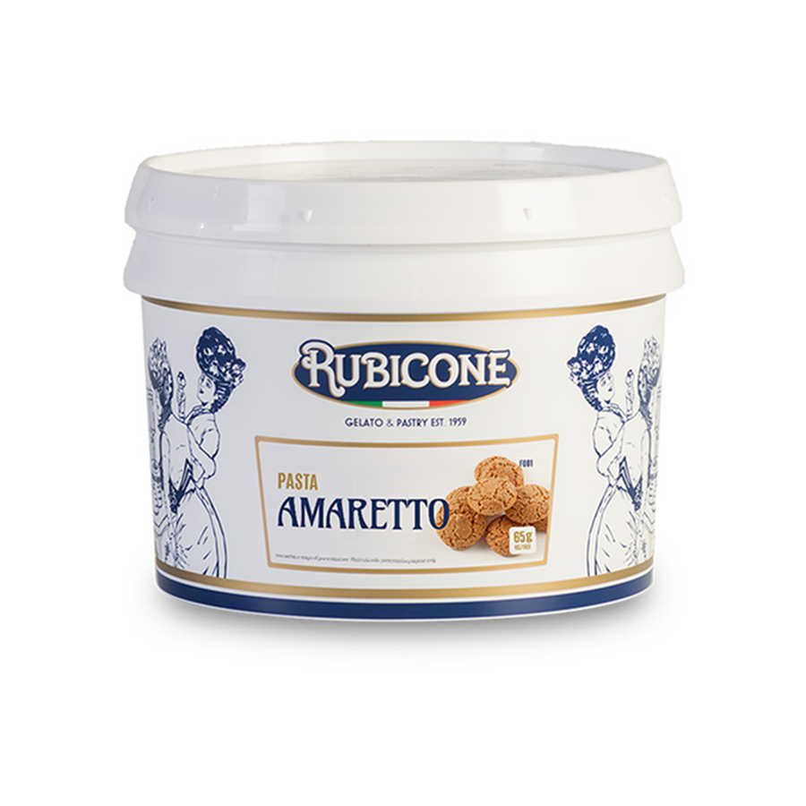3 KG bucket of Rubicone Amaretto classic gelato paste on a white background