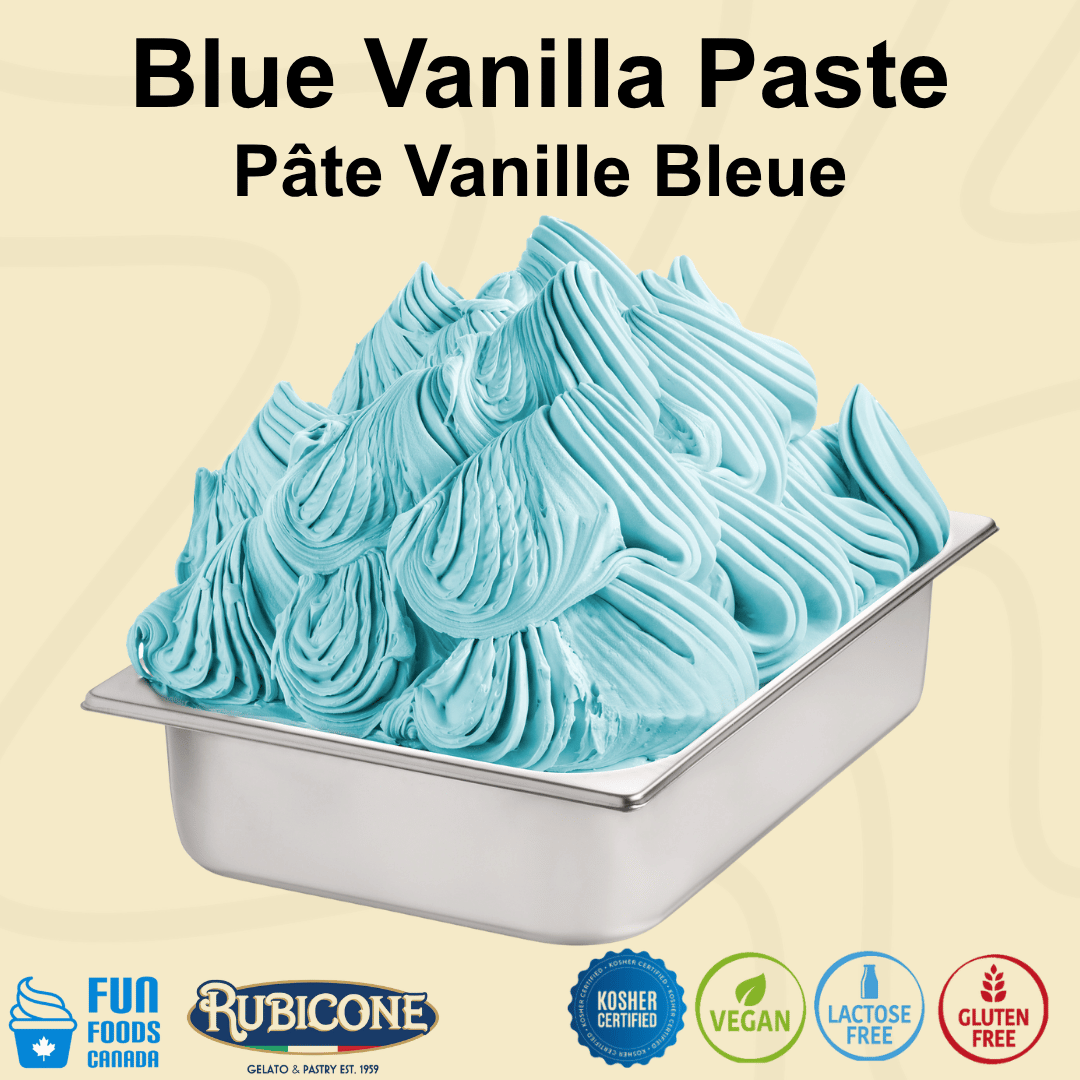 A tub of light blue vanilla paste ice cream or gelato on a pale beige background, with large text reading 'Blue Vanilla Paste' and 'Pâte Vanille Bleue' at the top. Brand logos including Fun Foods Canada and Rubicone appear along the bottom with certification badges: Kosher Certified, Vegan, Lactose-free, Gluten-free.