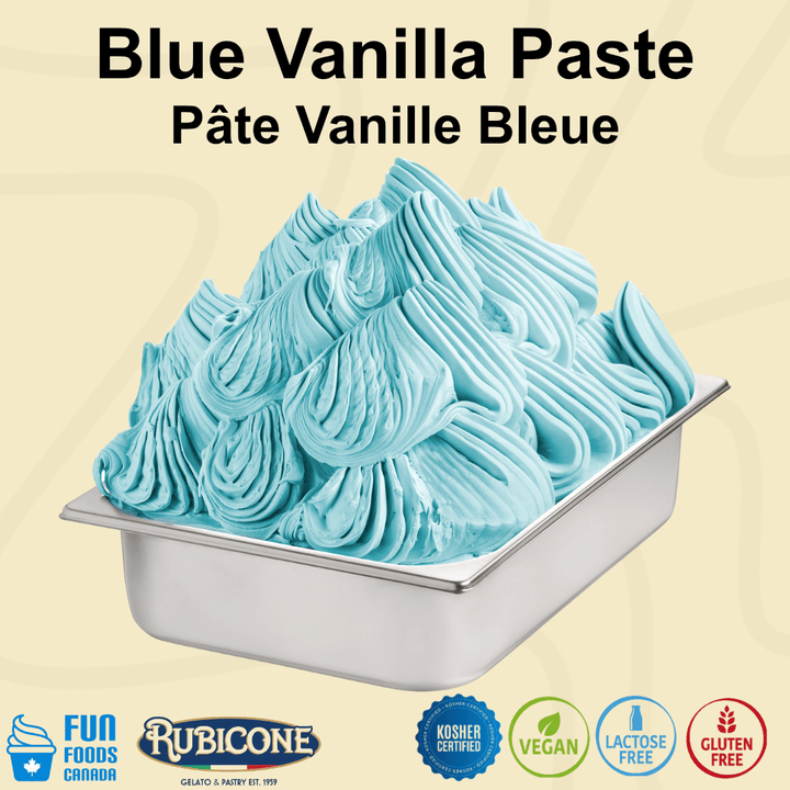 A tub of light blue vanilla paste ice cream or gelato on a pale beige background, with large text reading 'Blue Vanilla Paste' and 'Pâte Vanille Bleue' at the top. Brand logos including Fun Foods Canada and Rubicone appear along the bottom with certification badges: Kosher Certified, Vegan, Lactose-free, Gluten-free.