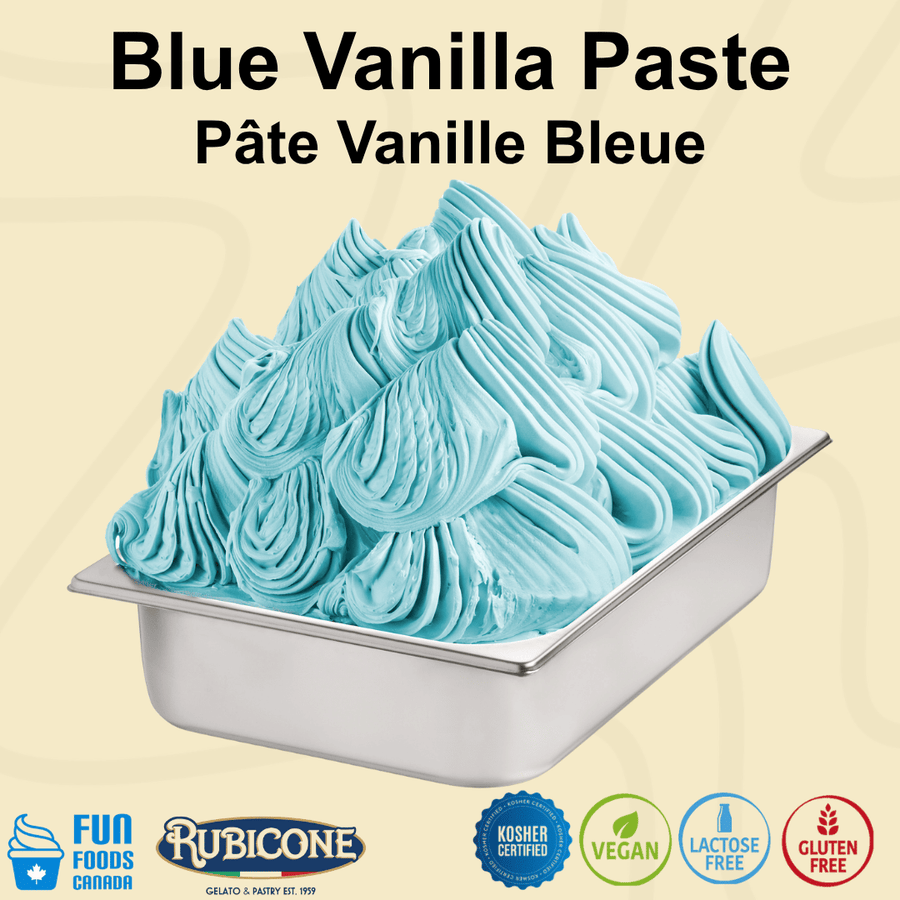 A tub of light blue vanilla paste ice cream or gelato on a pale beige background, with large text reading 'Blue Vanilla Paste' and 'Pâte Vanille Bleue' at the top. Brand logos including Fun Foods Canada and Rubicone appear along the bottom with certification badges: Kosher Certified, Vegan, Lactose-free, Gluten-free.