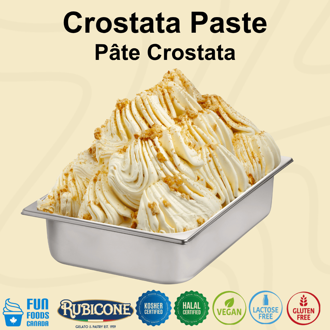 Container of crostata gelato ice cream with Rubicone and Fun Foods Canada brand logos on a beige background with certification badges: Kosher certified, Halal certified, vegan, lactose-free, and gluten-free