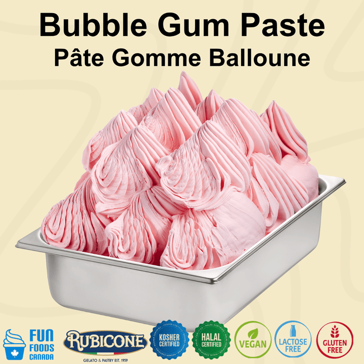 Pink Bubble Gum Ice Cream Gelato in a wide stainless steel gelato pan with a beige background and Fun Foods Canada and Rubicone branding. Certification badges can also be seen at the bottom reading: Kosher Certified, Halal Certified, Vegan, Lactose-free and Gluten-free. 